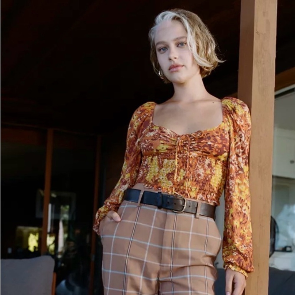 Urban Outfitters UO Old Soul Smocked Cropped Top Long Sleeve